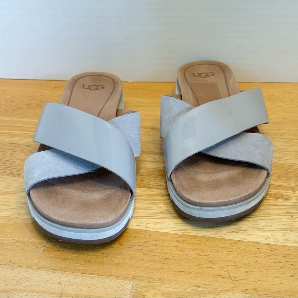 Ugg Kari Leather Slip On Open Toe Sandals Slides Womens Size 8 gray 1107889